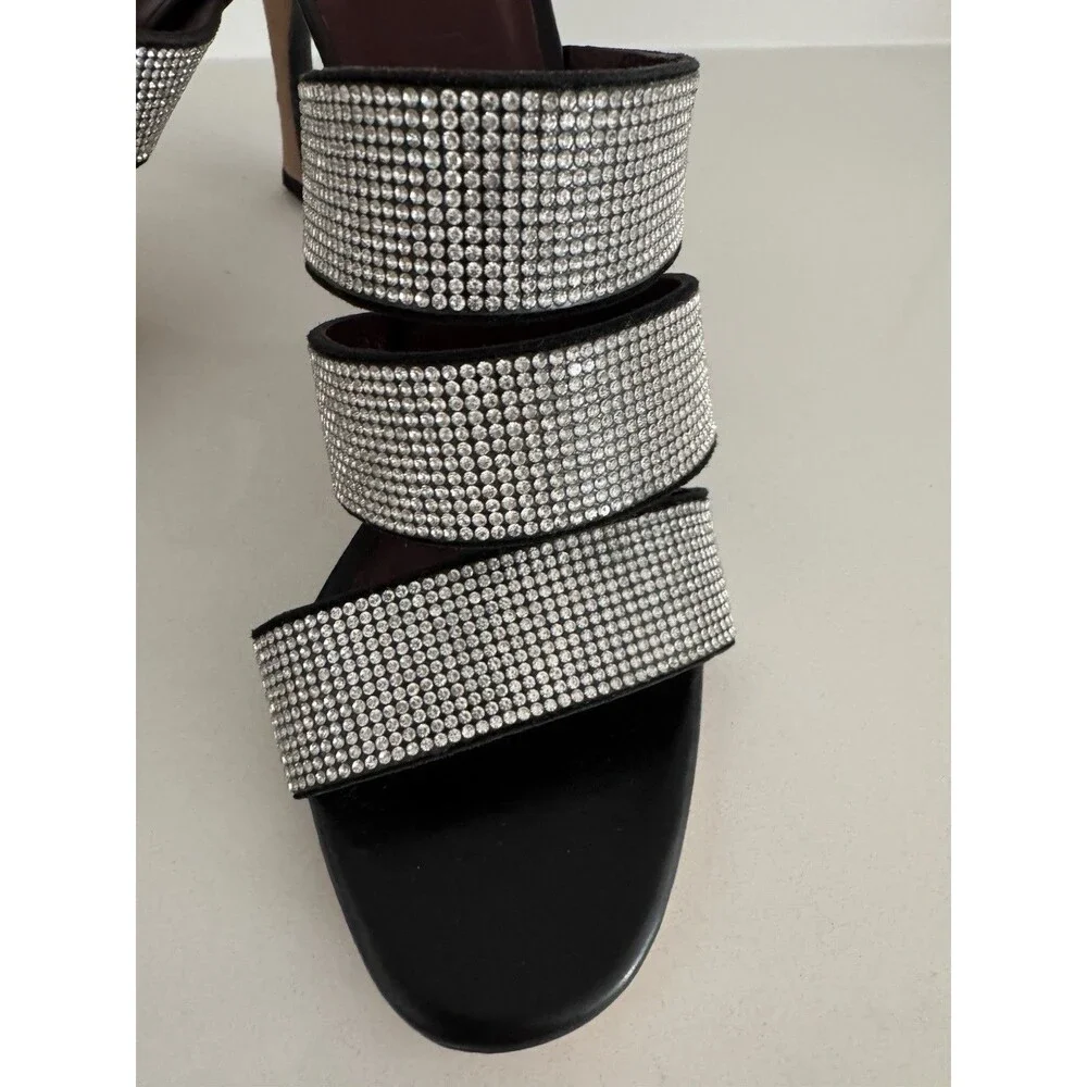 Staud Sonny Rhinestone Sandals Black Multi Strap Slides Heels Sz 36 / 6US